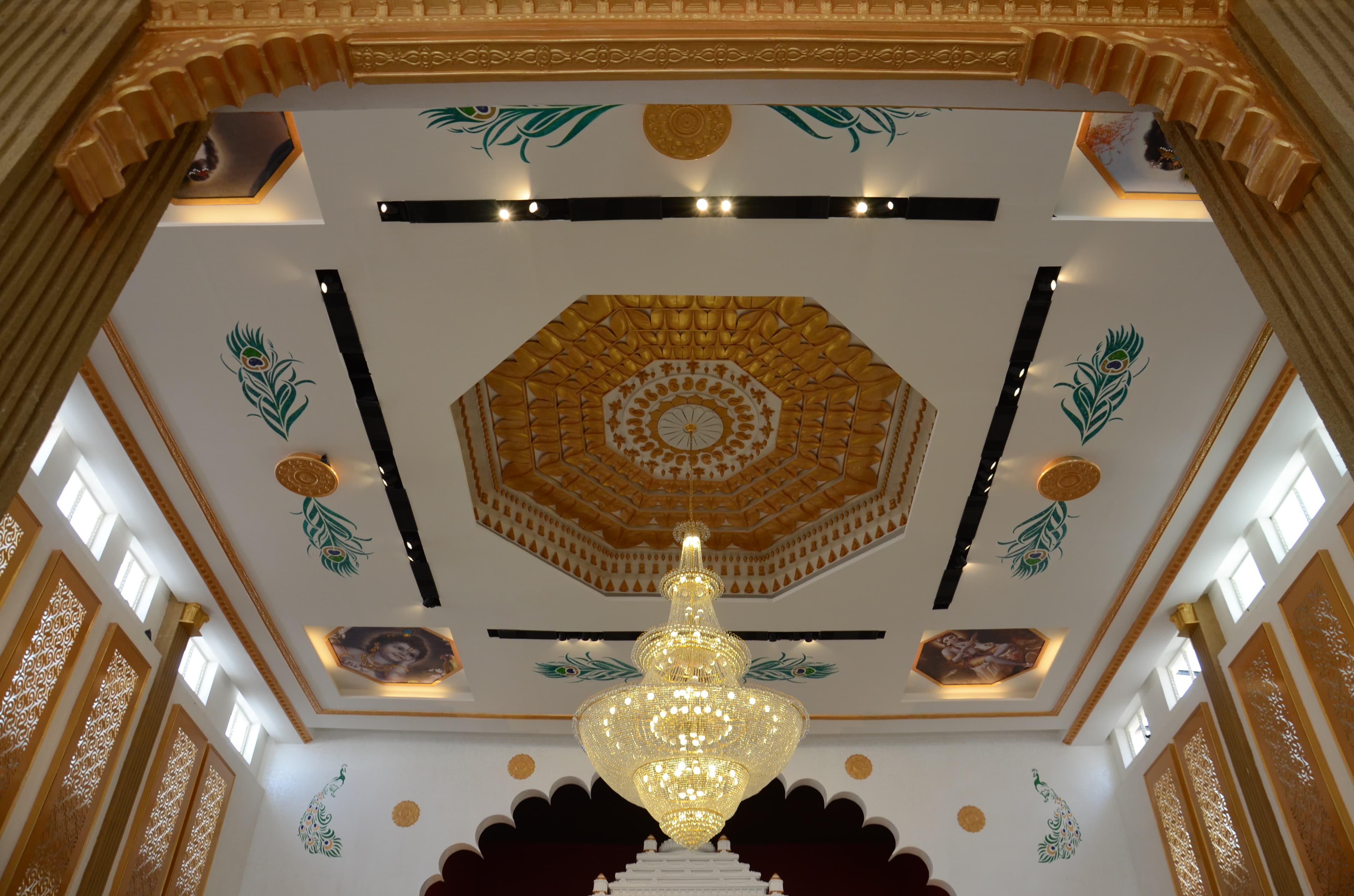 The grand interior hall of Hare Krishna Mandir